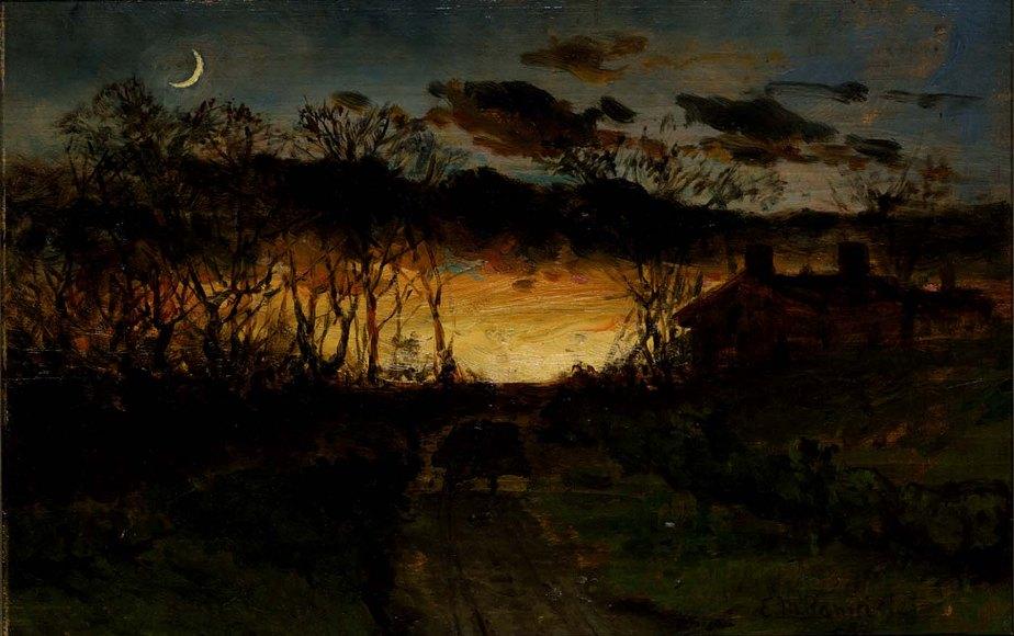 Edward Mitchell Bannister sunset with quarter moon and farmhouse